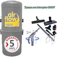 Aspirateur central 1600W – Dépression 3050 mmCE – Débit d’air 199 m3/h – Surface jusqu’à 300 m² – Kit complet avec 8 accessoires – Airflow