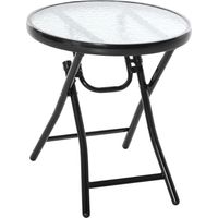 Table ronde pliante Ø45x50 cm noir, verre, bordure métal, patio intérieur/extérieur