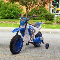 Motocicletta elettrica per bambini, autonomia 45 minuti, con rotelle, adatta a partire dai 3 anni, colore blu e bianco, dimensioni 106,5 x 51,5 x 68 cm.