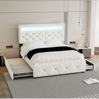 Cama doble tapizada con cajones y nido LED blanca OKMYHOME