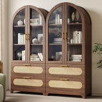 Vitrine mit Montmartre-Bogen2, 175x80x40cm, Bücherregal mit 2 Schubladen & verstellbaren Böden, Retro-Design, Nussbaum