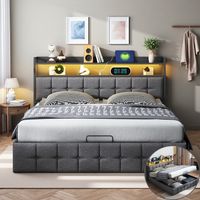 Lit coffre 140x190 CM avec LED Réglable et Multiprise USB Tpye C, sommier inclus, Tête de Lit avec Étagères, Lit Hydraulique avec Rangement, 2 Personnes, tissu en lin