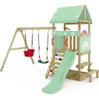 Wickey DinkyHouse wooden play tower with swing and picnic table in light green