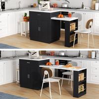 Isola cucina con tavolo da pranzo allungabile per 4-6 persone, tavolo da cucina bicolore, presa di corrente, armadietto contenitore, 2 cassetti, 2 ripiani laterali a giorno