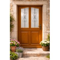 Porte D'Entrée Bois Vitrée, Sandy, H,215Xl,90 P,Gauche Cote Tableau + Poignée Et Barillet (Ref 010403Fp)