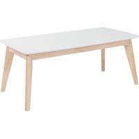 Miliboo – Table basse scandinave blanche et bois clair massif L105 cm – Piètement en bois clair – Plateau laqué brillant – Style épuré