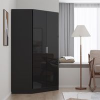 Reflect 2 Door Corner Wardrobe - Black Gloss & Black Oak - 2 Hanging Rails & 8 Shelves - Modern Design
