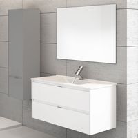 Ibiza, meuble suspendu salle de bains avec lavabo et miroir. Livré assemblé 90CM avec le vasque déplacé vers la gauche Blanc brillant
