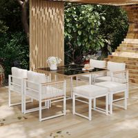 Juego de comedor de exterior de 7 piezas para 6 personas, con 4 sillones, 2 sillas y 1 mesa de vidrio templado para jardín y patio, en combinación blanco y negro.
