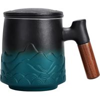 Mug en céramique avec filtre et couvercle, grande tasse à infusion avec anse en bois, coffret cadeau (vert)