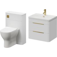 Oslo Gloss White 1150mm Wall Mounted Vanity Unit Toilet Suite with Fina Basin - 1150mm - Brushed Brass 300mm Finger PullWith Jubilee Toilet Pan and Seat
