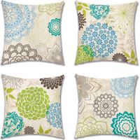 Housse de Coussin, Lot de 4 en Lin Canapé Taie d'oreiller pour Maison Salon Chambre Décoration D'intérieur, 45x45cm (Dahlia Bleu et Vert)