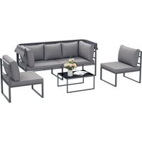 Salon de jardin extérieur 4 pièces modulaire avec canapé, fauteuil et table basse en verre trempé, coussins inclus, gris