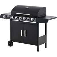 Barbecue a Gas con Coperchio, 7 Bruciatori da 20kW, Fornello Laterale e 2 Ruote, 135x50x100cm Nero