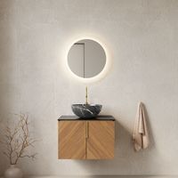 Mueble de baño suspendido de 61 cm con lavabo de cerámica negra con diseño de piedra, encimera de piedra sinterizada negra, armario de madera contrachapada con 2 puertas, color madera con vetas color