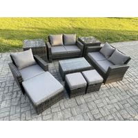 Fimous Polyrattan Gartenmöbel Set 8-Sitzer Garten Sofa Stuhl set mit Rechteckig Couchtisch 3 Hocker 2 Beistelltische Dunkelgrau Gemischt