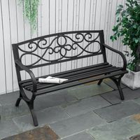 Banc de jardin 2 places en acier et fonte avec accoudoirs et décoration, 128x58,5x85cm, Noir