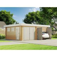 Alpholz Flachdach Doppelgarage Modell D-70 ISO Garage aus Holz, Unterstellplatz mit 70 mm Wandstärke inklusive Geräteraum Fertiggarage