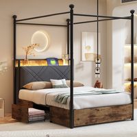 Metallbett 90x190 cm mit Schubladen, Himmelbett-Design, LED und USB/Type-C, Einzelbett in Braun