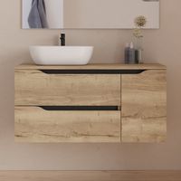 Meuble de salle de bain 100cm avec plateau et vasque à poser déportée à gauche Zeus - sans miroir - 2 tiroirs et un placard - madera miel (bois clair) - ZARZA