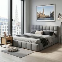 JOOKGBD–Letto Matrimoniale Imbottito 140x190 cm,Testiera con Bordo Morbido,Rete a Doghe,Struttura in Metallo,Letto per Adolescenti,Lin,Grigio
