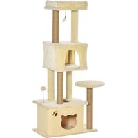 Arbre à Chat Adulte avec Maison Amovible, Griffoir Multiniveau en Sisal, 2 Nichettes et Jouets à Balle, 60x34x136 cm, Beige