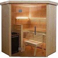 Desineo – Cabine de sauna d'angle 2-3 personnes 163,5 x 163,5 x 202 cm – Poêle Vega 6 kW – Verre sécurisé 8 mm – Isolation thermique 50 mm - CM 2 OU