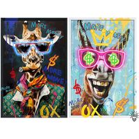 Duo 2 tableaux Girafe Âne Toile Noir led 63x4x93cm