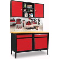 Defpro – Atelier modulable avec établi MDF 120L x 60l cm – Charge 80 kg – Armoire murale 2 portes 60 kg – Panneaux perforés pour outils
