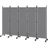 Paravent 5 Panneaux 252x170cm, Paravent Pliant avec 12 Roulettes et Clips de Connexion, Acier et Polyester, Gris Foncé