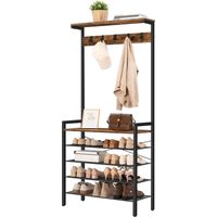 Coat Stand, Coat Rack with Shoe Storage, Industrial Hall Tree, Large Hall Stand, 5 Removable Hooks, Wood Accent Top Shelf, Entryway Storage Shelf, Metal Frame, HOOBRO EBF74MT01
