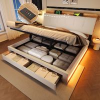 Seyakany Lit rembourré avec éclairage LED et USB Type-C,Lit double coffre avec 2 tiroirs et suspension hydraulique,lin,sans matelas(Beige,180x200cm)