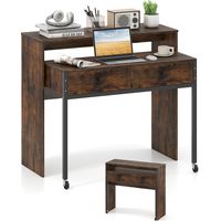 Costway – Bureau extensible en bois MDF avec 2 tiroirs – Table d'ordinateur compacte avec roulettes – Dimensions 100 x 63 x 88 cm – Marron rustique
