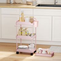 Carrello multiuso a 3 ripiani con ruote, carrello da cucina con cestini rimovibili e portasciugamani, rosa