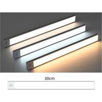 Lampe à détection de mouvement ultra-mince rechargeable argentée 30cm, changement de 3 couleurs, bande LED magnétique auto-adhésive pour armoire, placard, cave à vin, veilleuse intelligente sans fil