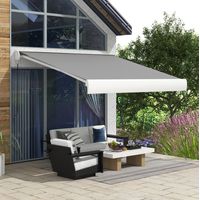 Store banne électrique en aluminium gris clair, inclinaison réglable, télécommande et manivelle, coffre intégral