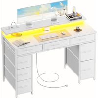 EcoFurnix, Schreibtisch mit 8 Stoffschubladen, 120 × 50 cm Gaming-Schreibtisch mit LED, Steckdosen & USB-Ports, Gamer-Schreibtisch, Weiß