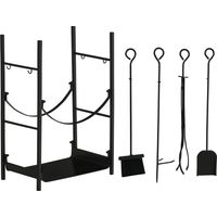 Portalegna da Interno ed Esterno Rialzato a 2 Ripiani, Porta Legna da Ardere in Metallo con Supporti Rimovibili, Paletta, Scopa, Attizzatoio e Pinza, Capacità 70 kg, 44.5x29.5x73 cm, Nero