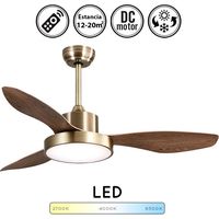 FABRILAMP HAYATE ventilador de techo LED para interior, motor DC, 3 aspas roble, 120 cm, 6 velocidades, mando, memoria, temporizador, cuero/roble