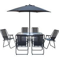 Habitat Et Jardin – Salon de jardin en métal gris anthracite – Ensemble table 130x80cm + 6 chaises 53x67x89cm + parasol 180x180x220cm