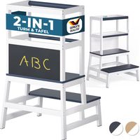 Spielwerk® Lernturm ab 2 Jahren Kinder mit Tafel Montessori 93cm Hoch Learning Tower 100kg Belastbar Trittschemel Kiefer Lernstuhl Küche Natur grau
