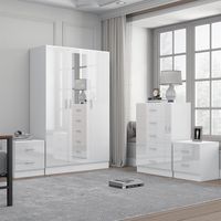 Reflect 3 Door Mirror Wardrobe, 5 Drawer Chest, 2x 2 Drawer Bedsides - White Gloss & Matt White - Modern Bedroom Furniture Set