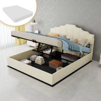 Bett modern minimalistisch aus Holz und Stoff Beige 160x200 cm mit geometrischem Kopfteil, Lattenrost und Matratze inklusive