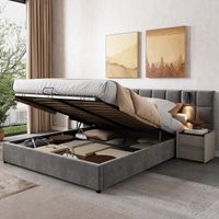 Cama tapizada cama funcional con almacenamiento hidráulico lámpara giratoria y puerto USB cabecero ancho acolchado con espuma y estampado de damero estructura de acero sin mesita de noche terciopelo 1