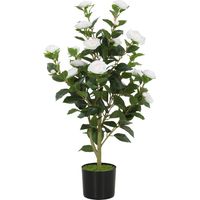 Pianta Finta di Camelia con Fiori Realistici, 176 Foglie in PEVA e Vaso Nero in PP Riempito in Cemento, Bianco