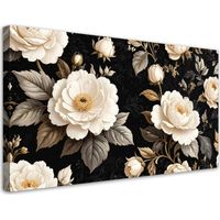 Stampe su Tela, Rose bianche su sfondo nero Elegante decorazione floreale da parete in stile glamour, 80x40