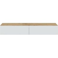 Meuble TV suspendu 180 cm – 2 abattants et 2 niches de rangement – Design contemporain en chêne nodi et blanc – Charge max 25kg par niche – Ventemeublesonline
