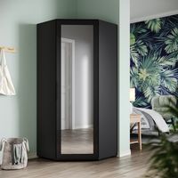 ELEGANT Corner Large Mirrored Wardrobe with 2 Hanging Rails and 5 Storage Shelves, Modern Black High Gloss & Matt Bedroom Closet Storage, Space Saving Design