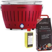 Barbecue Rosso con Batterie e Cavo di Alimentazione USB + 2.5Kg di Carbonella di Faggio + Gel Combustibile 500ml -Lotus Grill