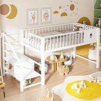 Letto a soppalco basso per bambini moderno in metallo bianco 90x200 cm con scala contenitore e spazio sottoletto